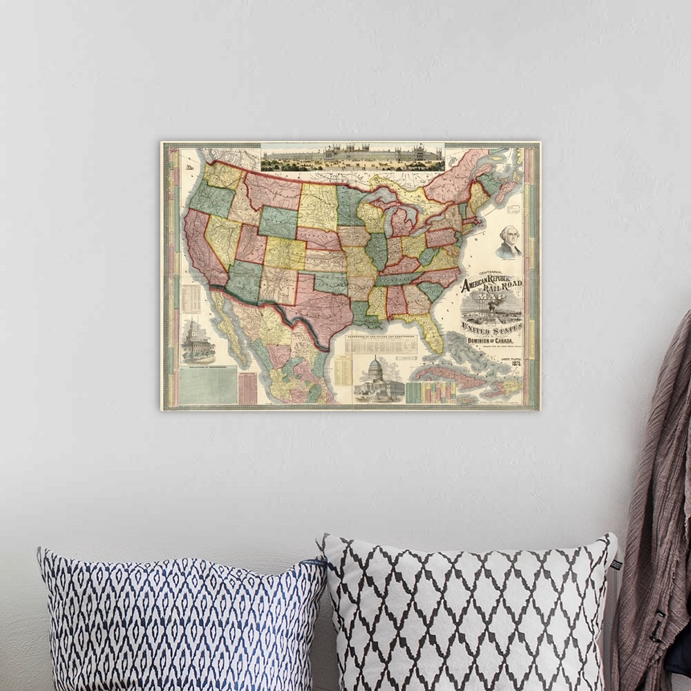 A bohemian room featuring Watson's railroad map of the United States detailing names of all the towns with railroad stops. ...