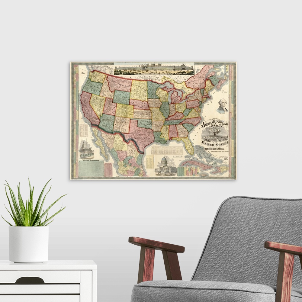 A modern room featuring Watson's railroad map of the United States detailing names of all the towns with railroad stops. ...