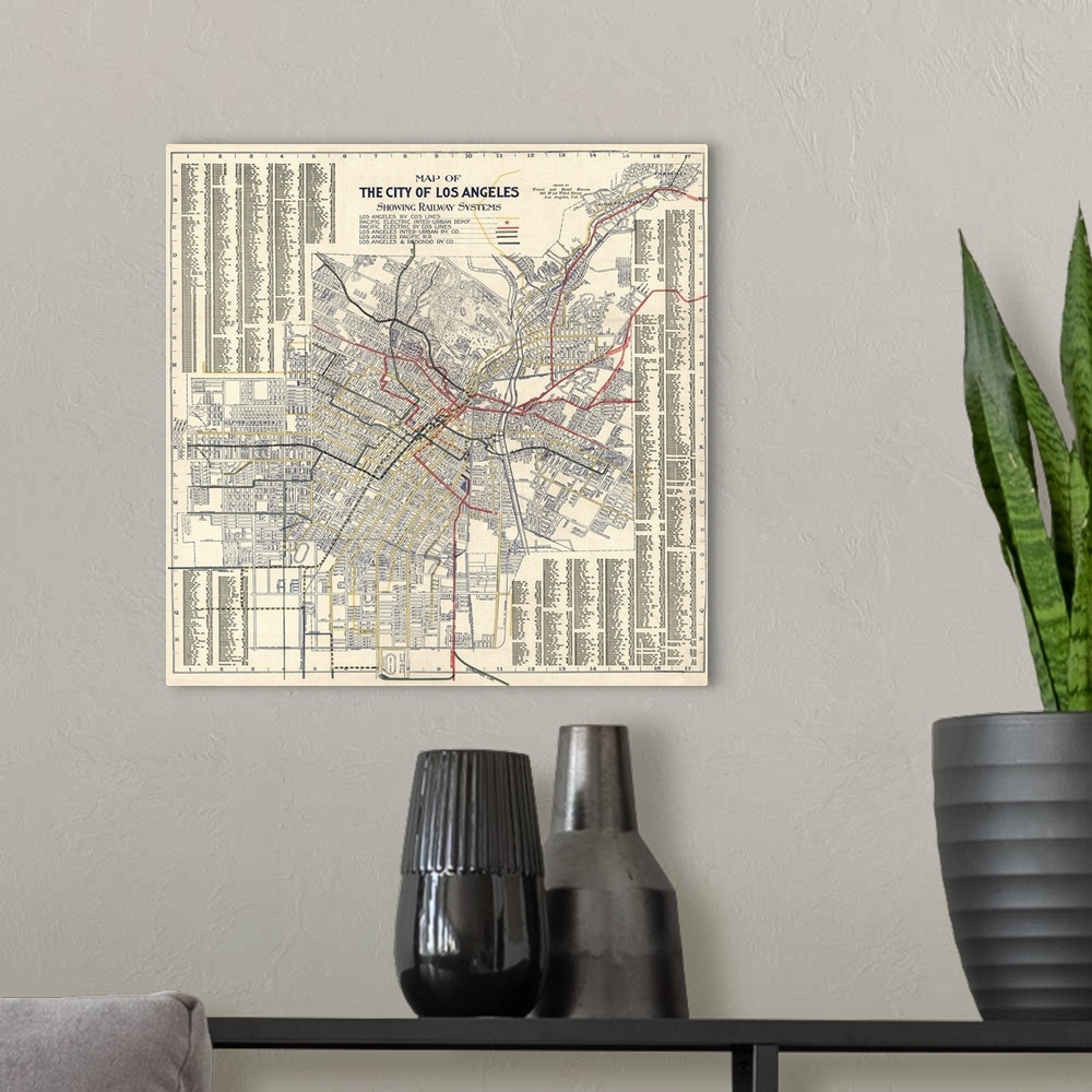 A modern room featuring Map of the City of Los Angeles Showing Railway Systems
