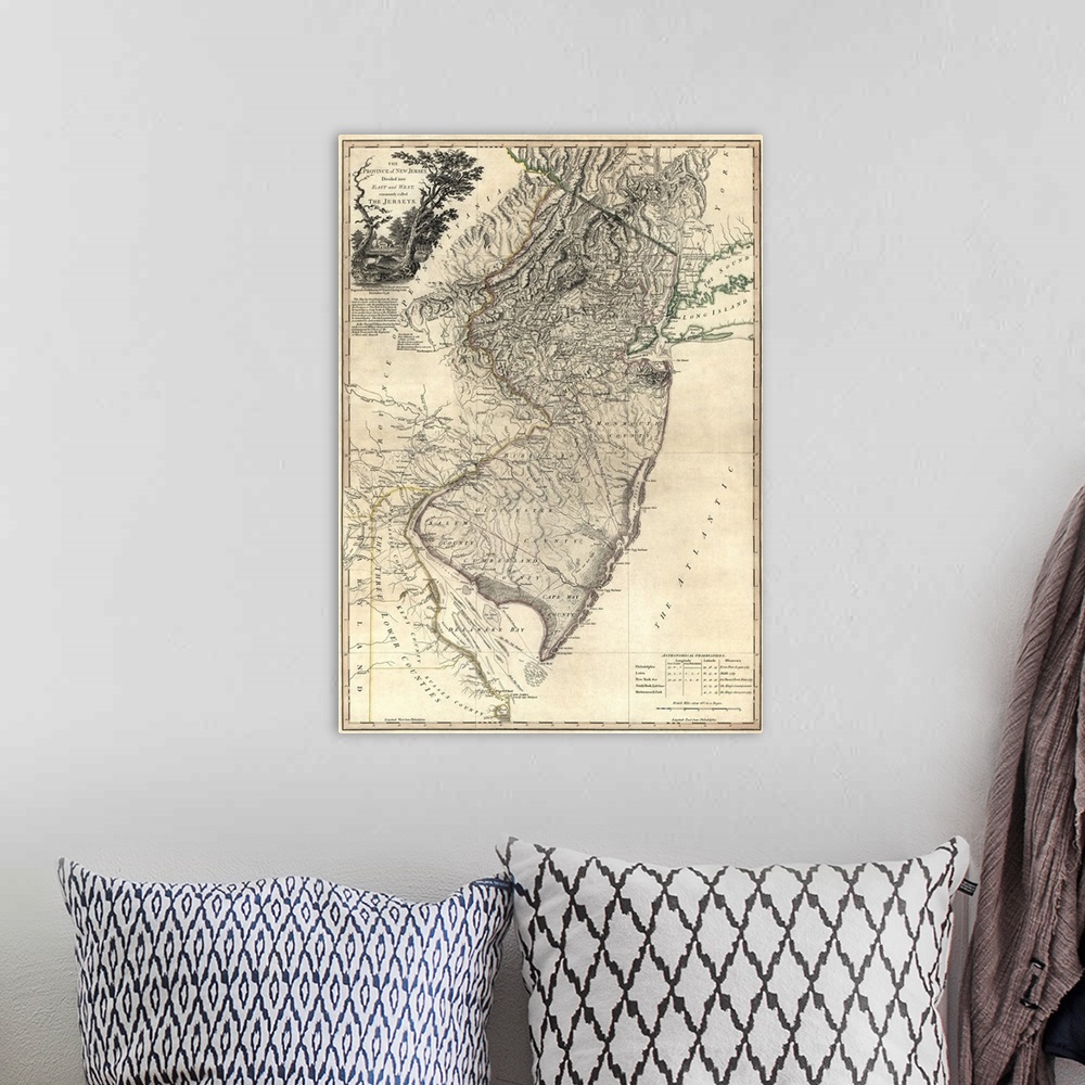 A bohemian room featuring Vertical, large antique, detailed map of New Jersey, divided into East and West.