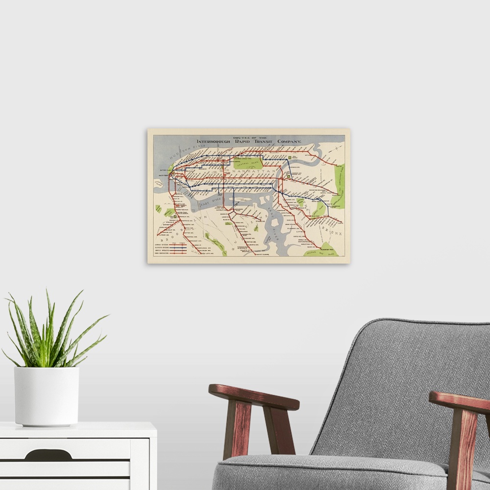 A modern room featuring Shows the routes of the New York City subway in 1924, then owned by the Interborough Rapid Transi...