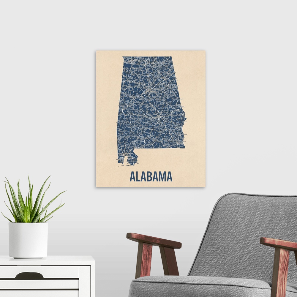 A modern room featuring Vintage Alabama Road Map 1