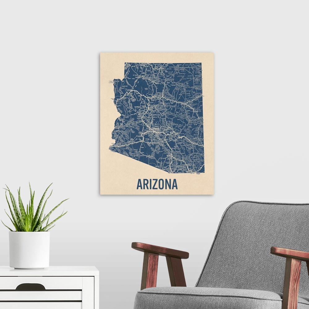 A modern room featuring Vintage Arizona Road Map 1