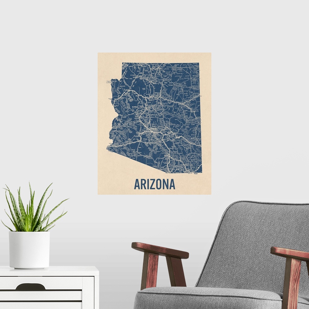 A modern room featuring Vintage Arizona Road Map 1