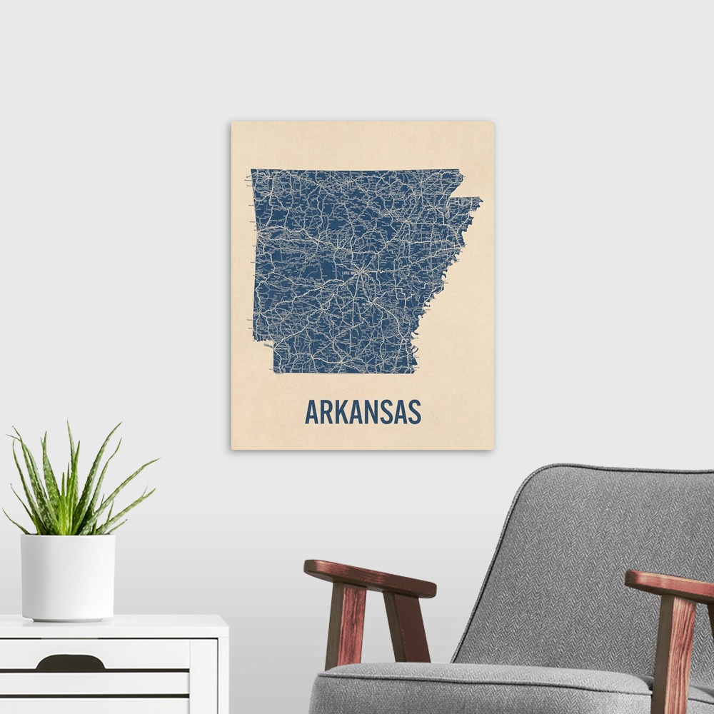 A modern room featuring Vintage Arkansas Road Map 1
