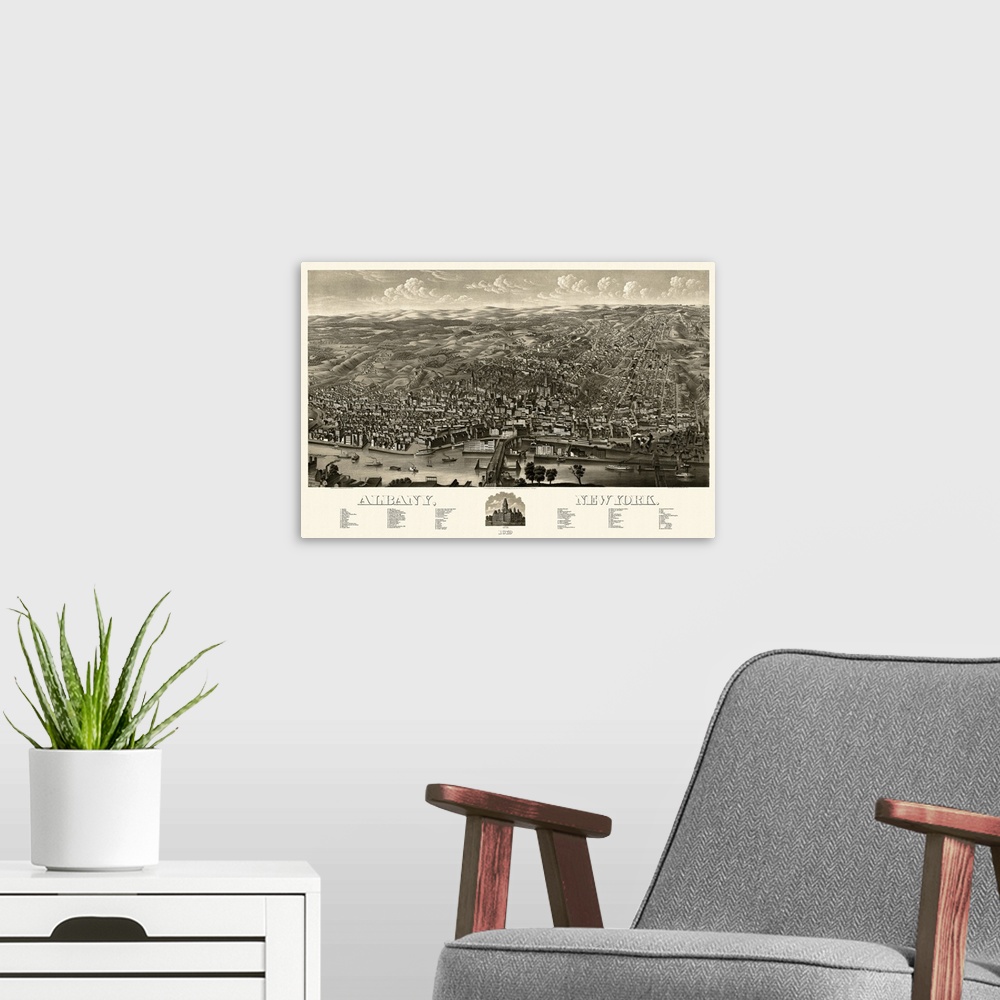 A modern room featuring Vintage Birds Eye View Map of Albany, New York