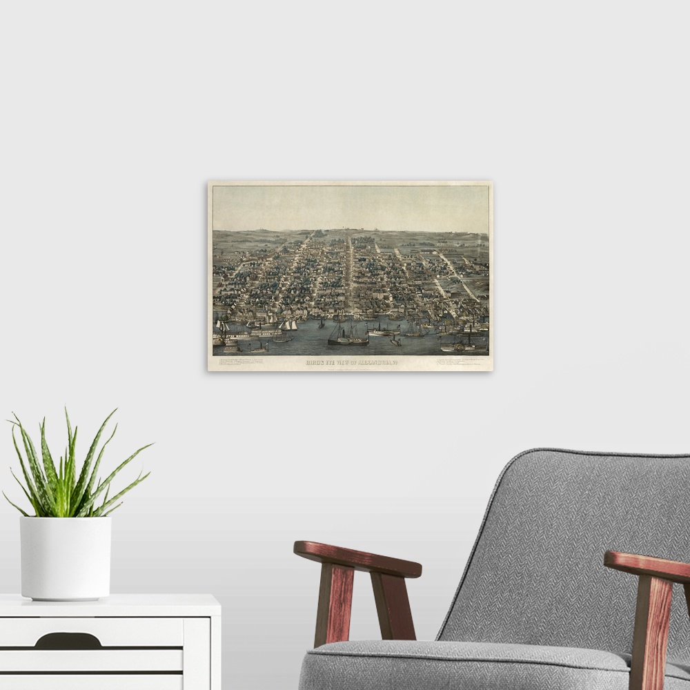 A modern room featuring An antiqued illustrated map of Alexandria printed on canvas.
