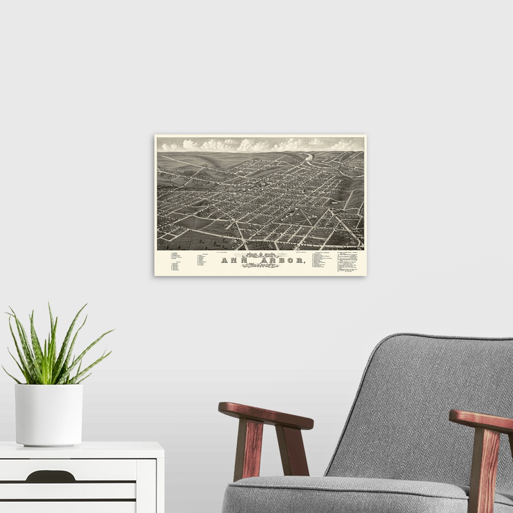 A modern room featuring Vintage Birds Eye View Map of Ann Arbor, Michigan
