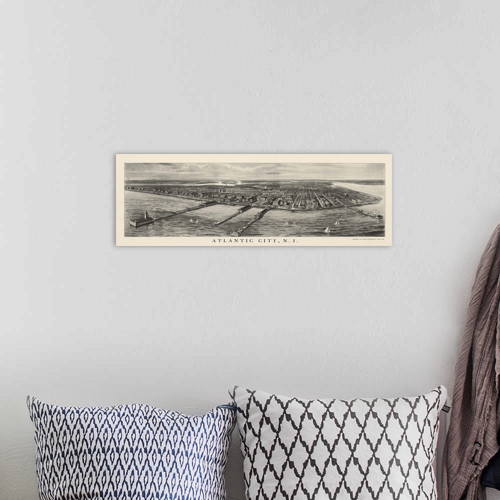 A bohemian room featuring Vintage Birds Eye View Map of Atlantic City, New Jersey