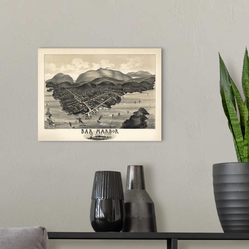 A modern room featuring Vintage Birds Eye View Map of Bar Harbor, Maine