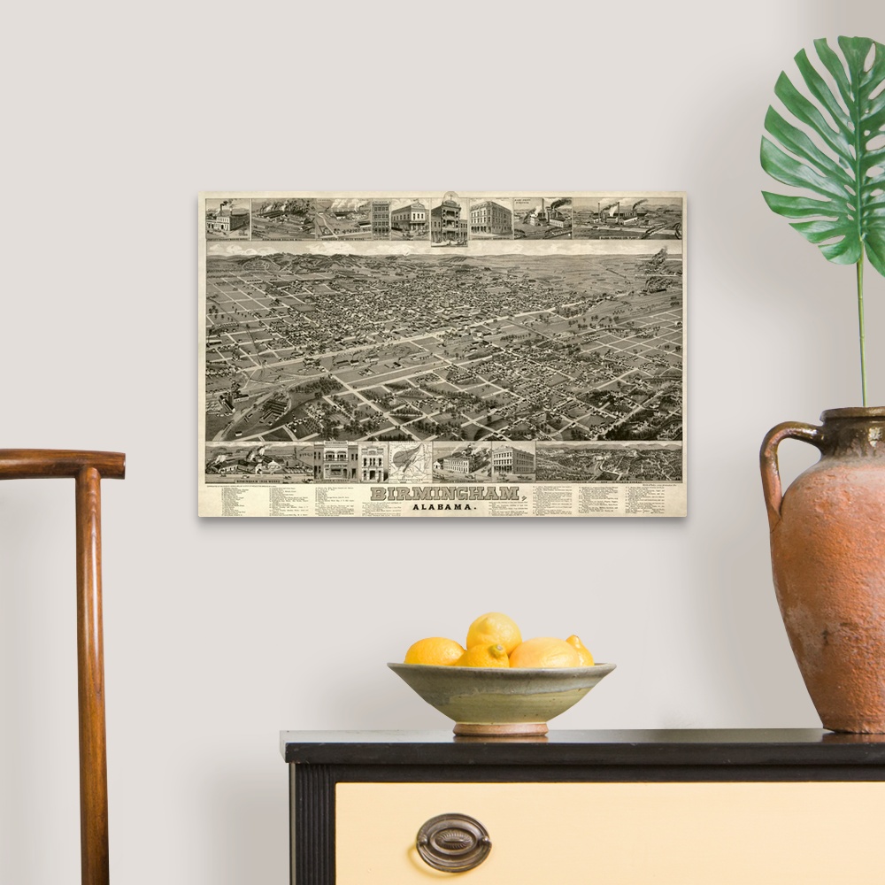 A traditional room featuring Vintage Birds Eye View Map of Birmingham, Alabama