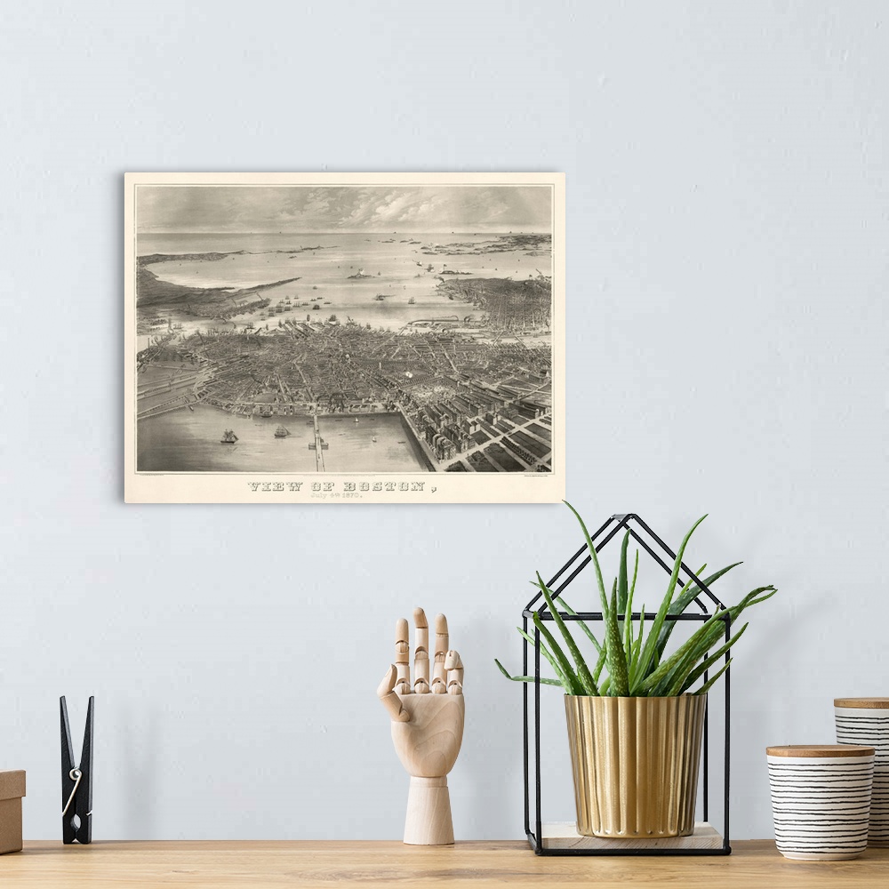 A bohemian room featuring Vintage Birds Eye View Map of Boston, Massachusetts