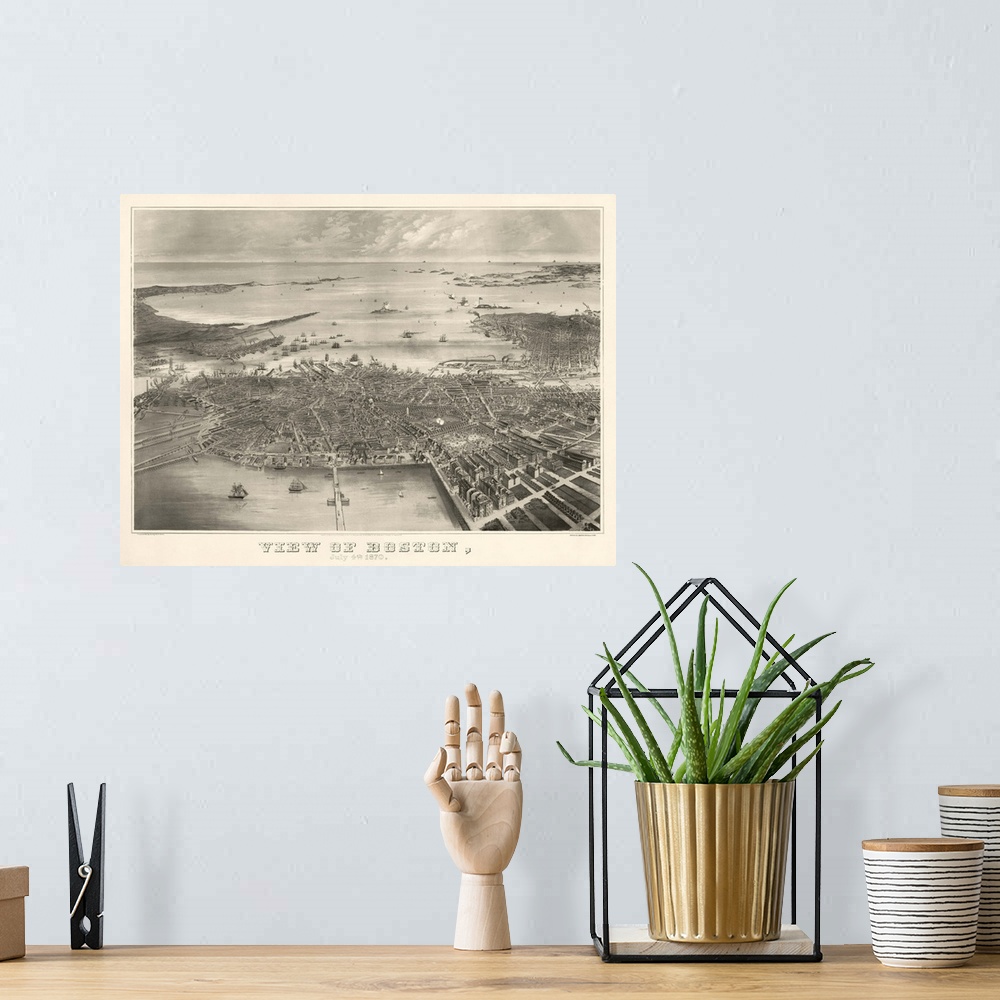 A bohemian room featuring Vintage Birds Eye View Map of Boston, Massachusetts