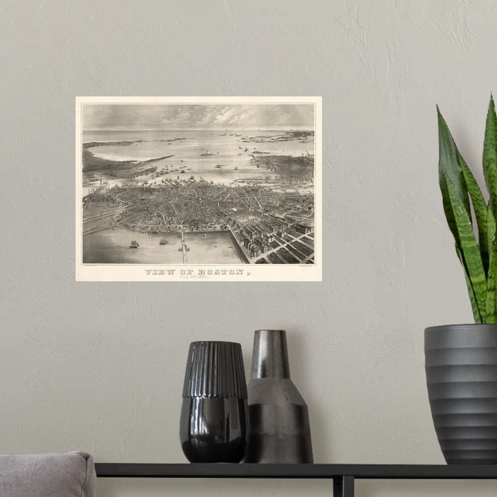 A modern room featuring Vintage Birds Eye View Map of Boston, Massachusetts