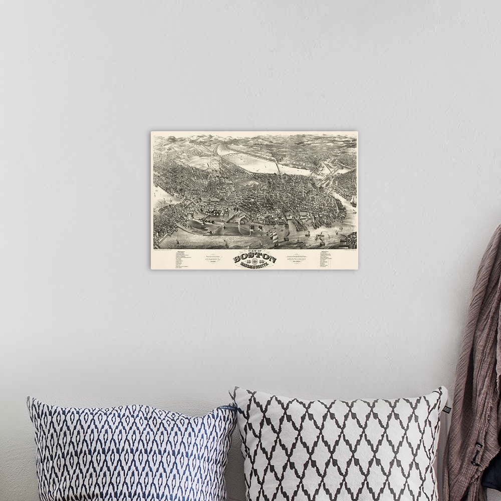 A bohemian room featuring Antique map of an illustrated map of a major Northeast city.