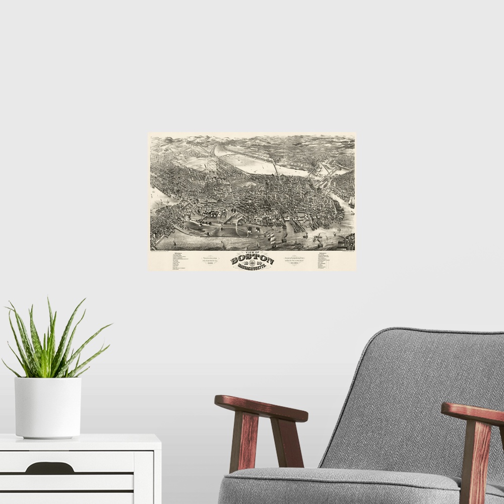 A modern room featuring Antique map of an illustrated map of a major Northeast city.