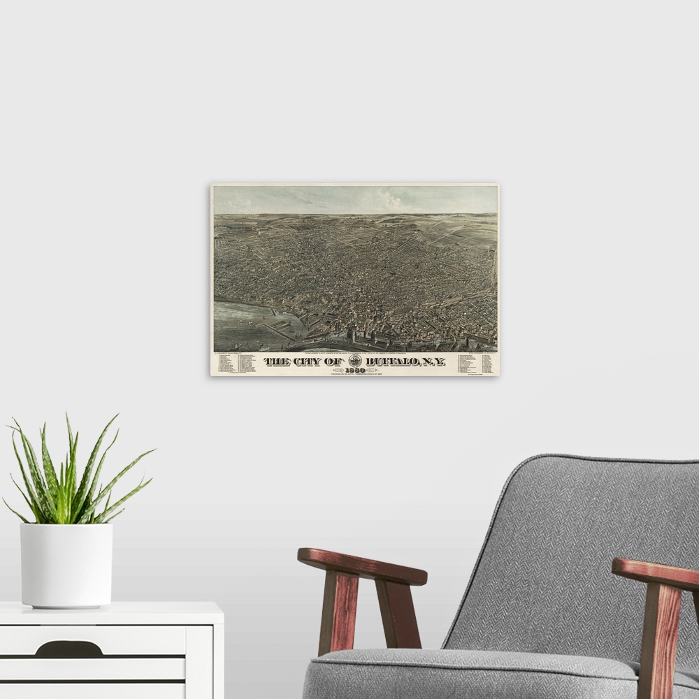 A modern room featuring Vintage Birds Eye View Map of Buffalo, New York