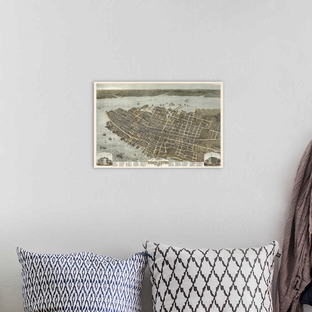 A bohemian room featuring Antique map of historic southern city with two images of notable buildings inset.
