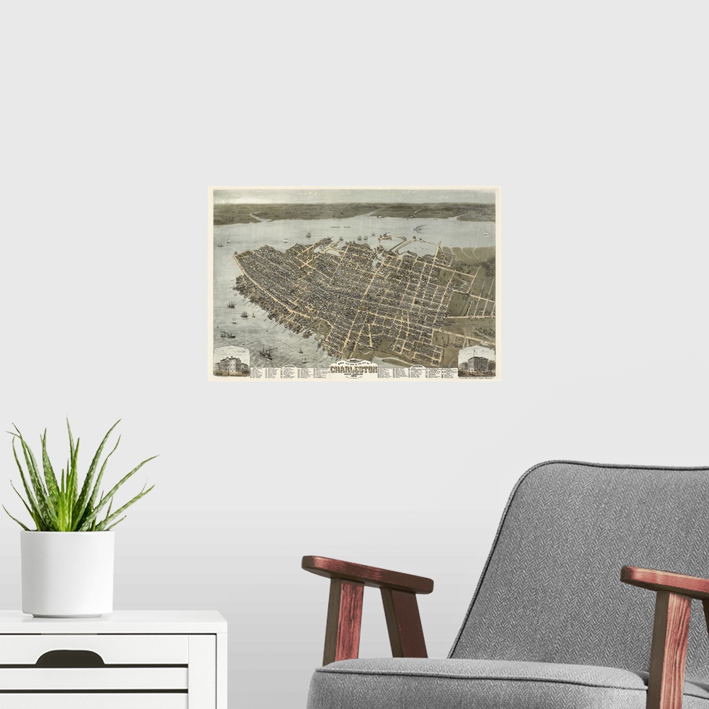 A modern room featuring Antique map of historic southern city with two images of notable buildings inset.