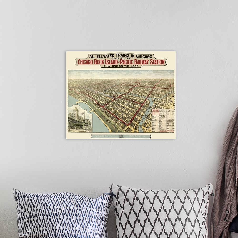 A bohemian room featuring Large, horizontal, vintage, birds eye view map of Chicago, Illinois.  Text at the top of the map ...