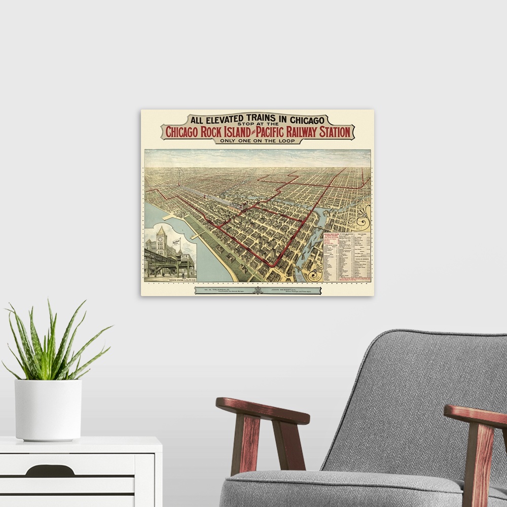 A modern room featuring Large, horizontal, vintage, birds eye view map of Chicago, Illinois.  Text at the top of the map ...