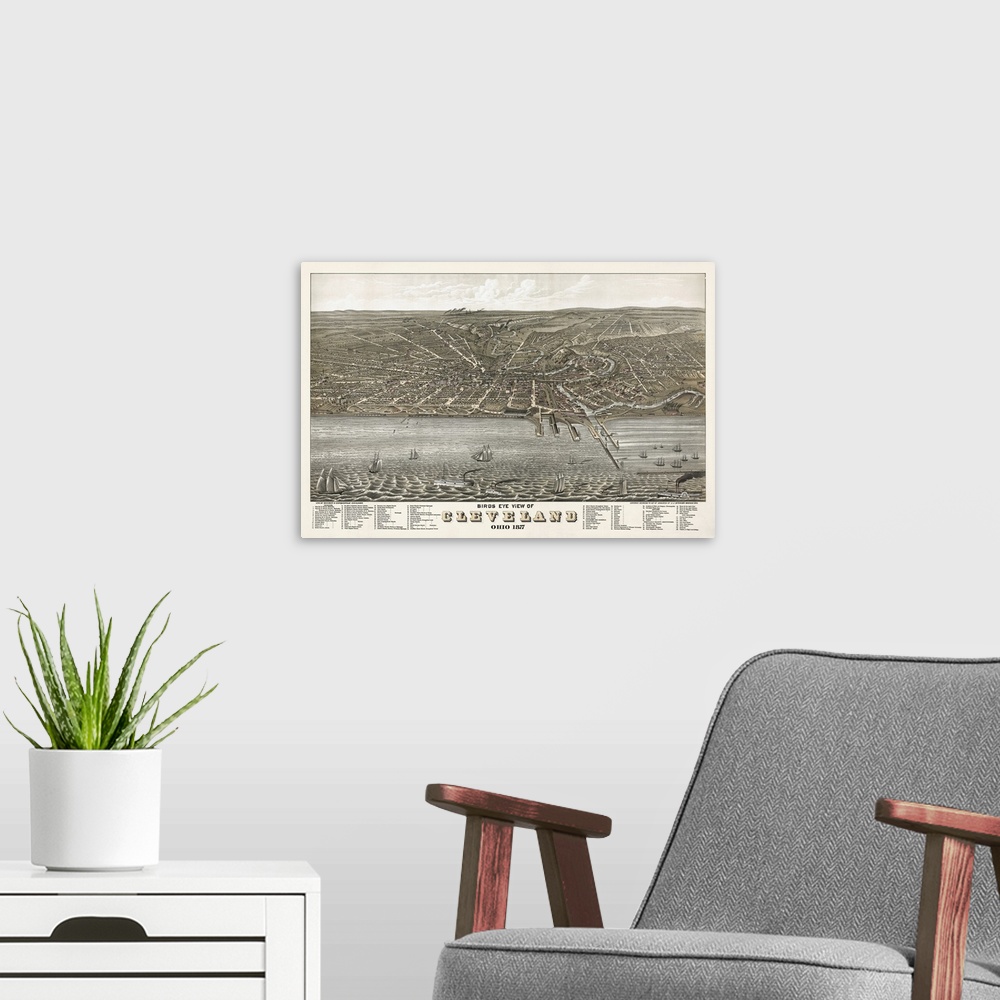 A modern room featuring Vintage Birds Eye View Map of Cleveland, Ohio