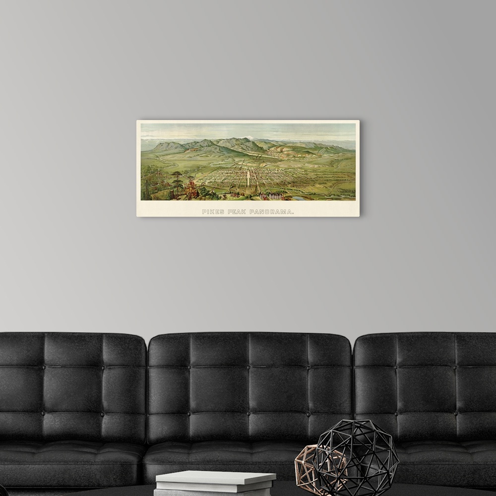 A modern room featuring Vintage Birds Eye View Map of Colorado Springs and Pikes Peak, Colorado