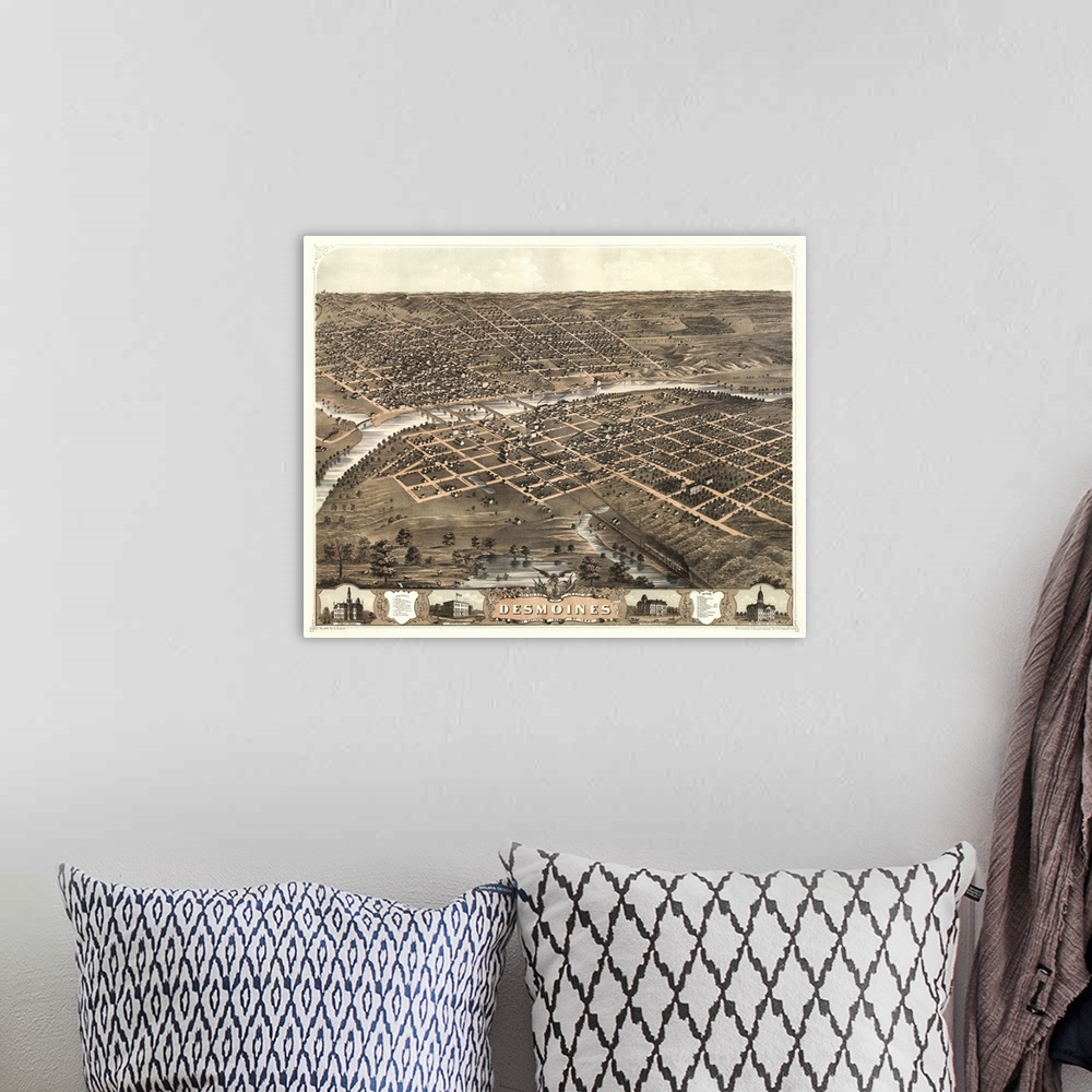 A bohemian room featuring Vintage Birds Eye View Map of Des Moines, Iowa
