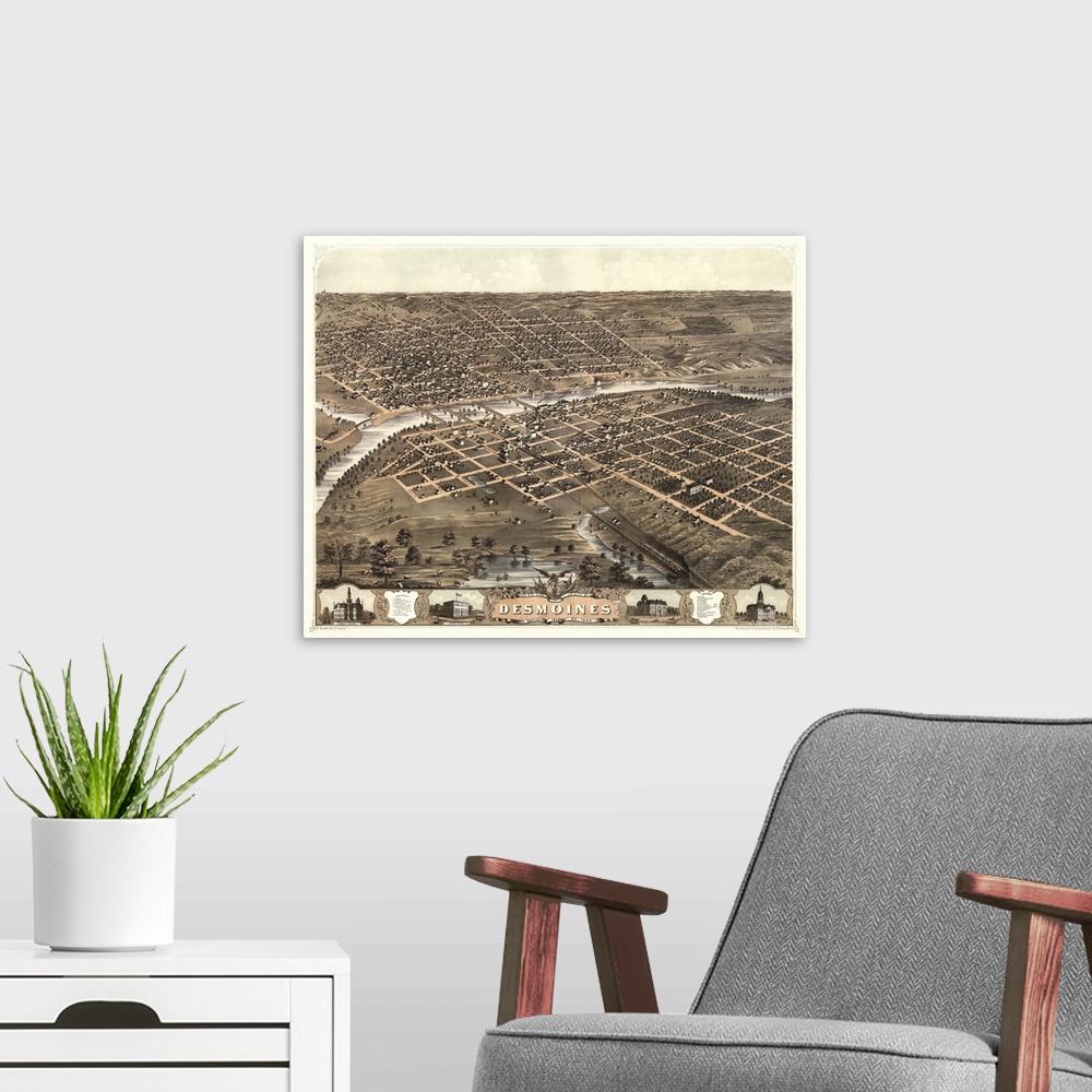 A modern room featuring Vintage Birds Eye View Map of Des Moines, Iowa