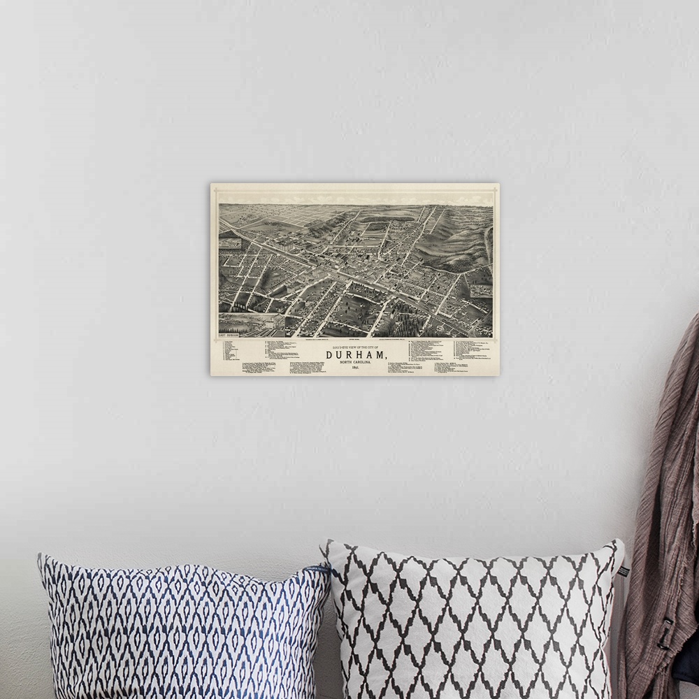 A bohemian room featuring Vintage Birds Eye View Map of Durham, North Carolina