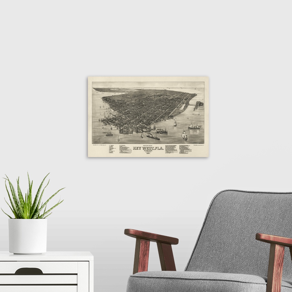 A modern room featuring Antique map featuring an aerial view of the town of Key West, Florida from 1884.