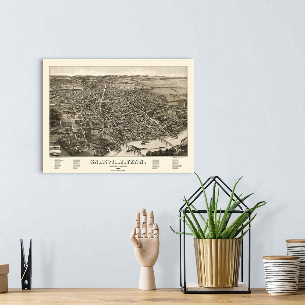 A bohemian room featuring Vintage Birds Eye View Map of Knoxville, Tennessee