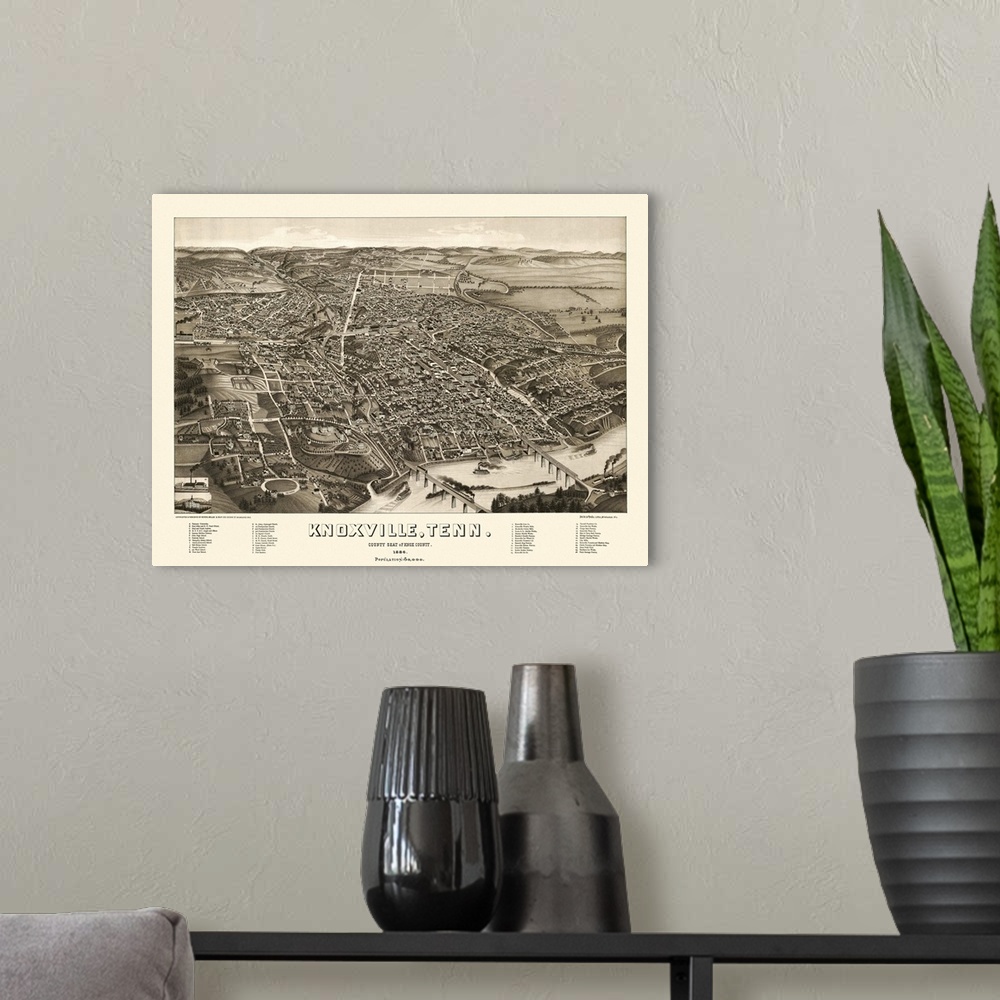 A modern room featuring Vintage Birds Eye View Map of Knoxville, Tennessee
