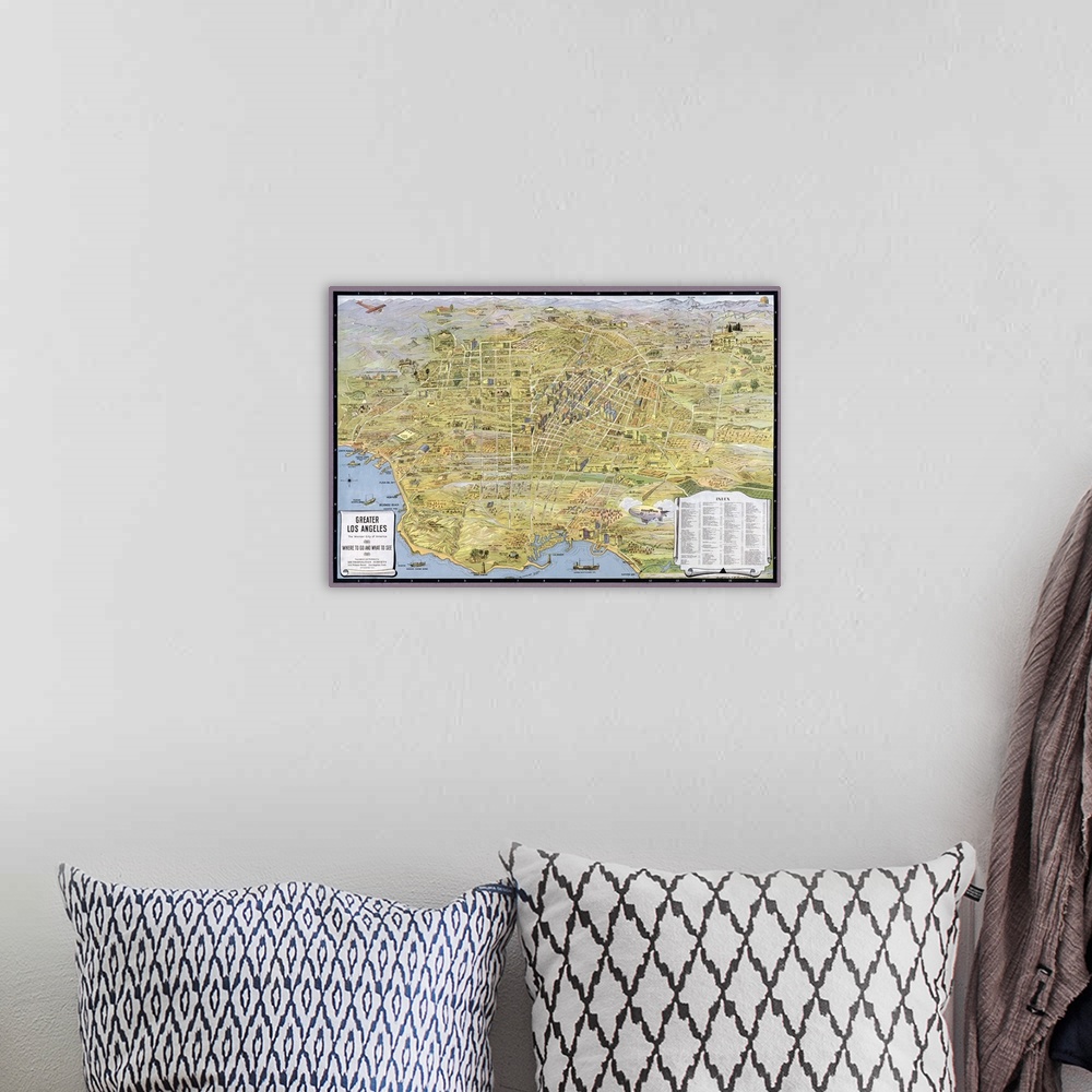 A bohemian room featuring This large vintage map depicts the city of Los Angeles. The map is drawn with streets, buildings,...
