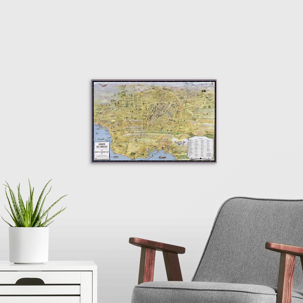 A modern room featuring This large vintage map depicts the city of Los Angeles. The map is drawn with streets, buildings,...