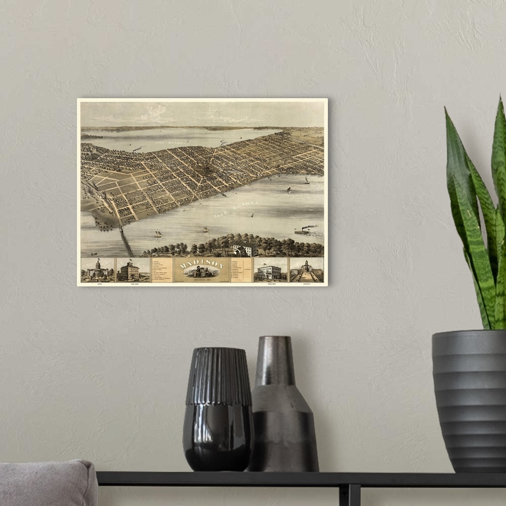 A modern room featuring Vintage Birds Eye View Map of Madison, Wisconsin