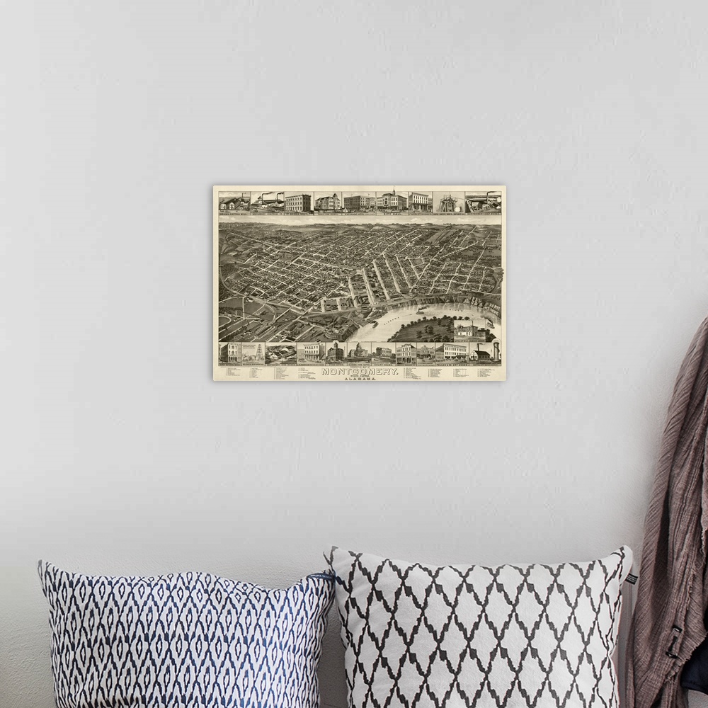A bohemian room featuring Vintage Birds Eye View Map of Montgomery, Alabama