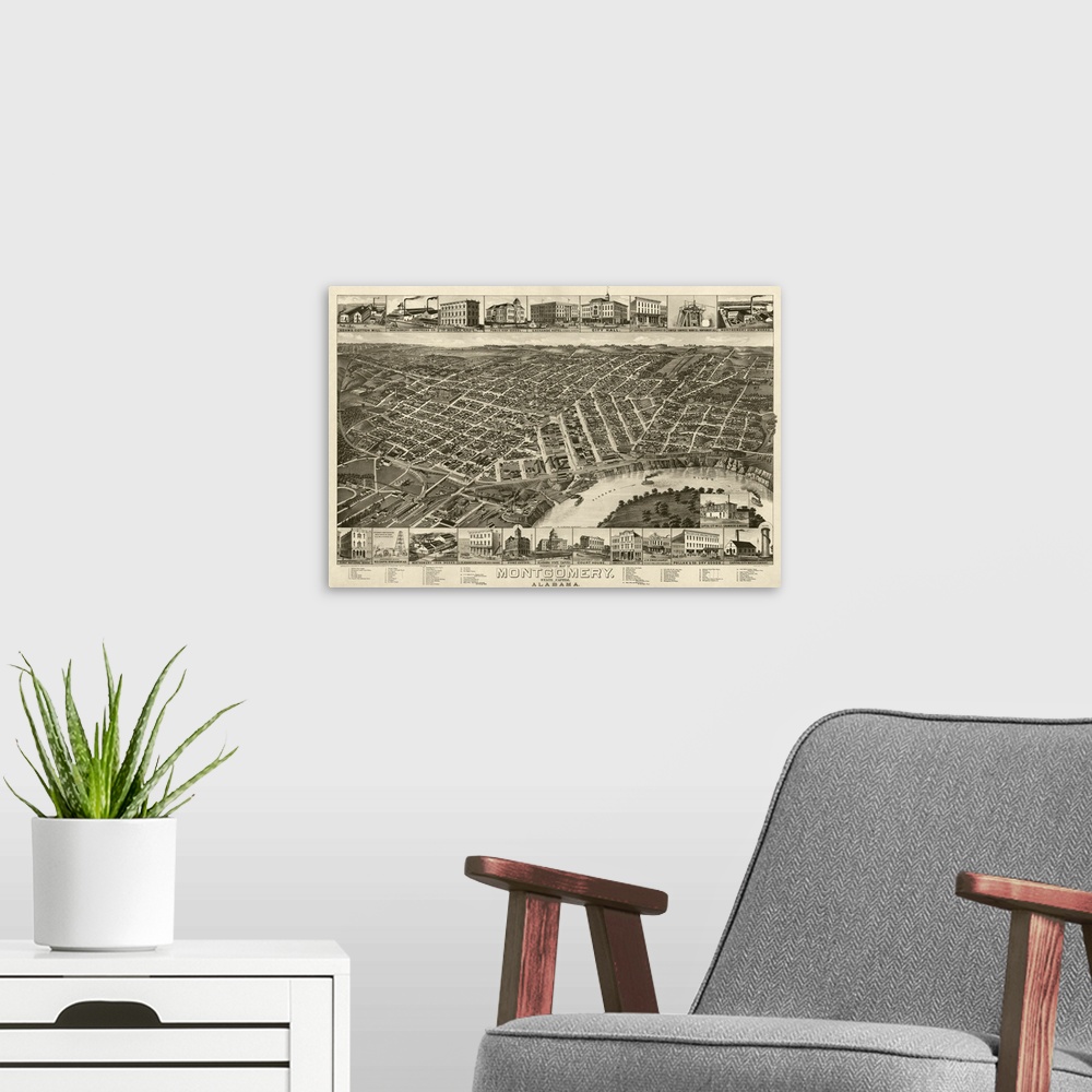 A modern room featuring Vintage Birds Eye View Map of Montgomery, Alabama