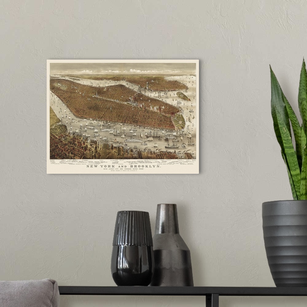 A modern room featuring Large wall art of an antiqued illustrated map of New York city.