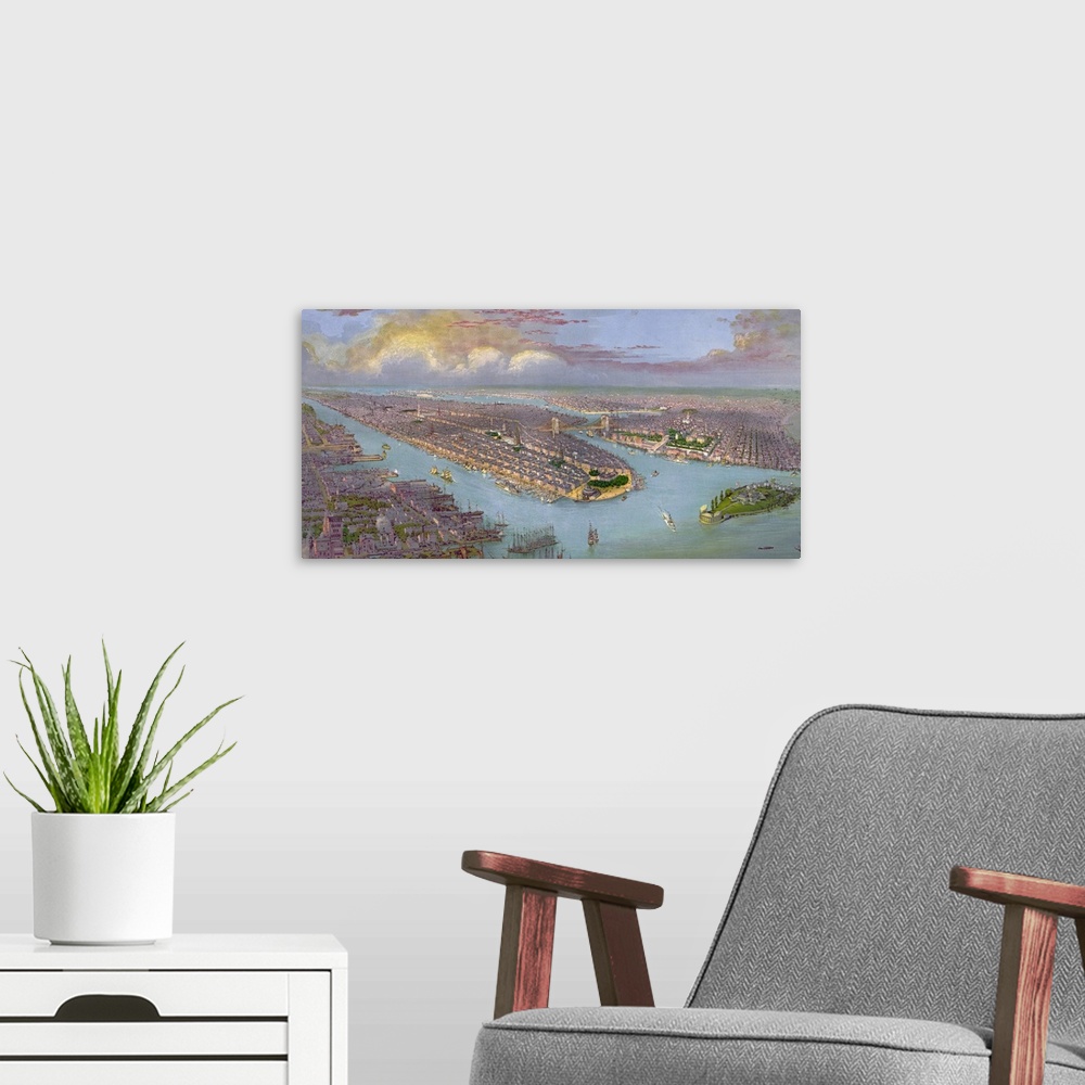 A modern room featuring This large piece is an antique birds eye view map of New York City in color.
