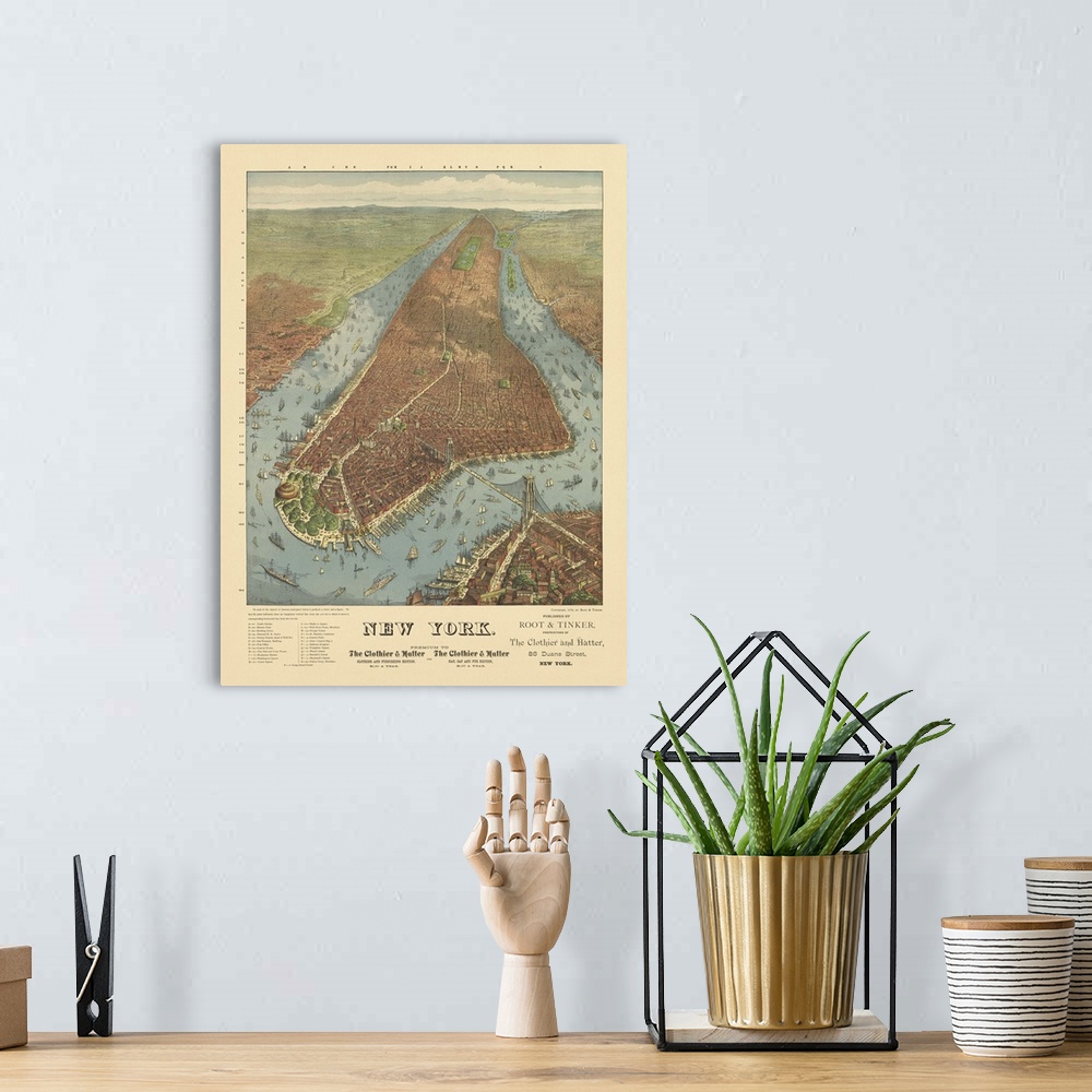 A bohemian room featuring Vintage Birds Eye View Map of New York City