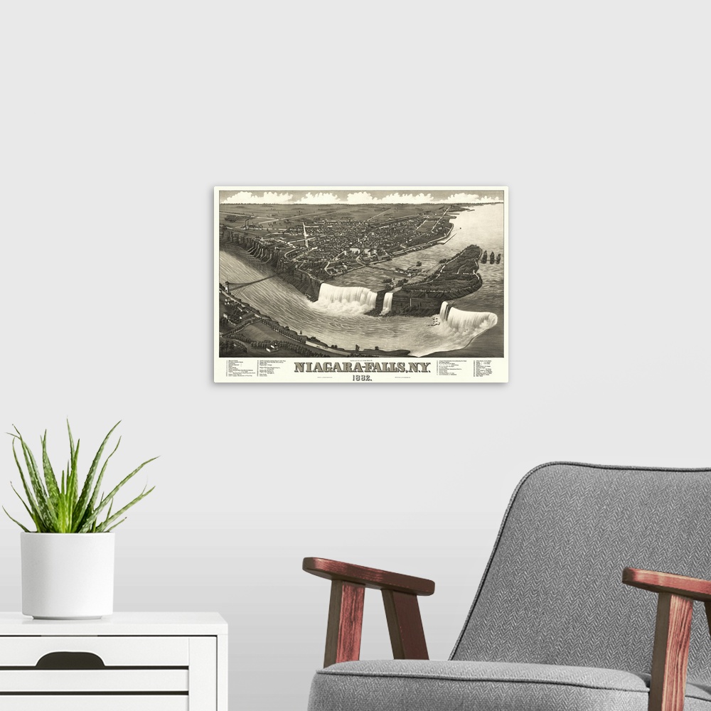 A modern room featuring Vintage Birds Eye View Map of Niagara Falls, New York