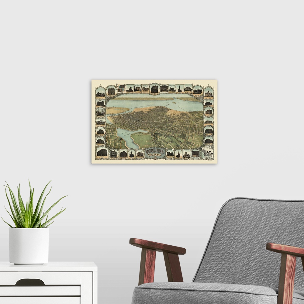 A modern room featuring Vintage Birds Eye View Map of Oakland, California