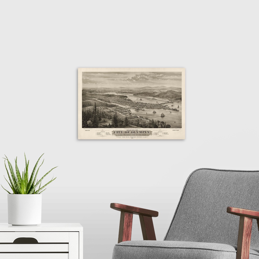 A modern room featuring Vintage Birds Eye View Map of Olympia, Washington