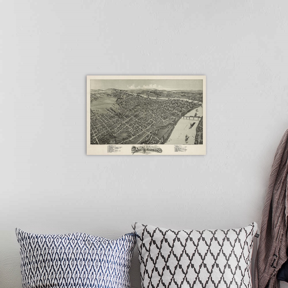 A bohemian room featuring Vintage Birds Eye View Map of Parkersburg, West Virginia