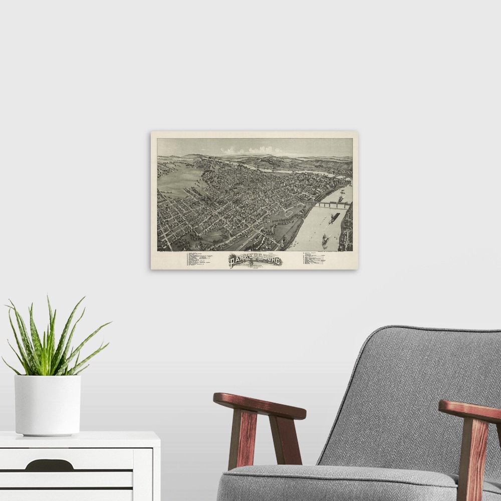 A modern room featuring Vintage Birds Eye View Map of Parkersburg, West Virginia