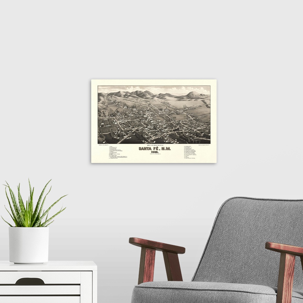 A modern room featuring Vintage Birds Eye View Map of Santa Fe, New Mexico
