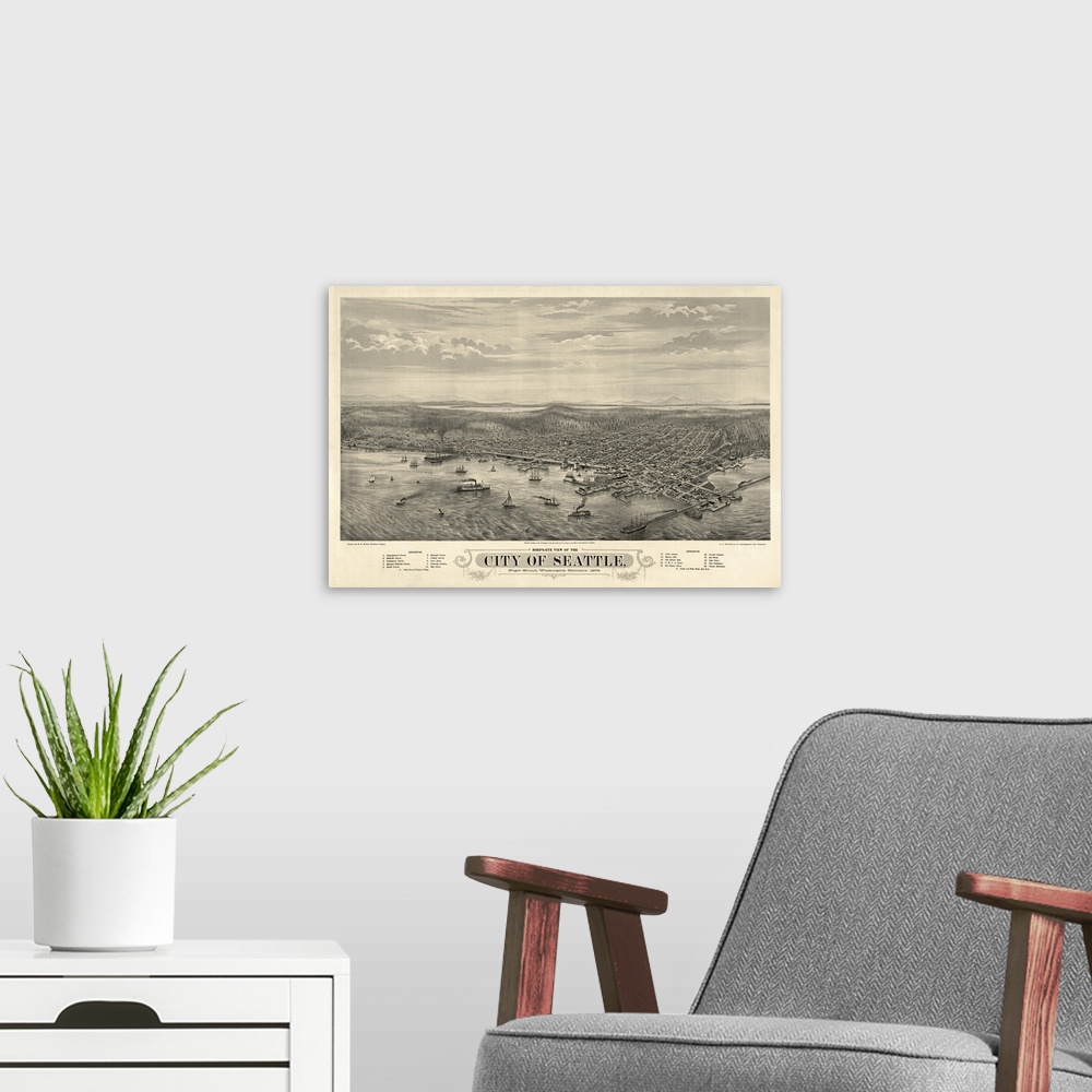 A modern room featuring This large piece is an antique map with the birds eye view of the city of Seattle from the waterf...