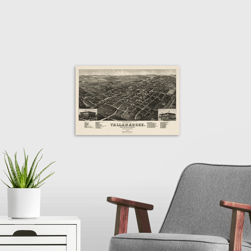 A modern room featuring Vintage Birds Eye View Map of Tallahassee, Florida