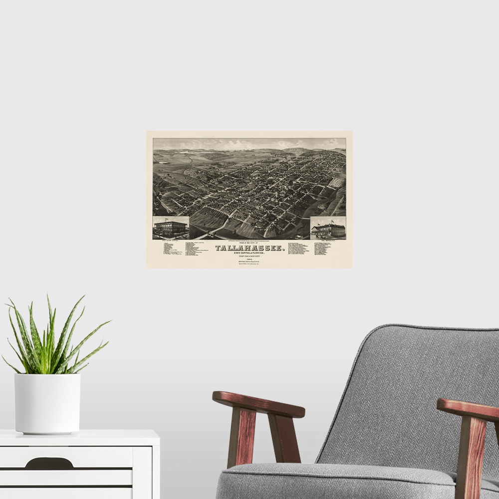 A modern room featuring Vintage Birds Eye View Map of Tallahassee, Florida